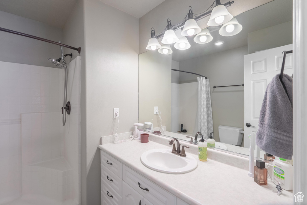 Full bathroom featuring toilet, vanity, and a shower with shower curtain