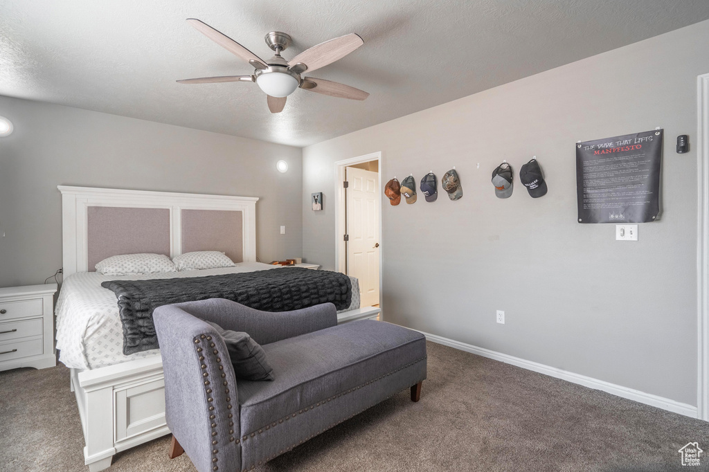 Bedroom with baseboards, a ceiling fan, carpet, and a textured ceiling