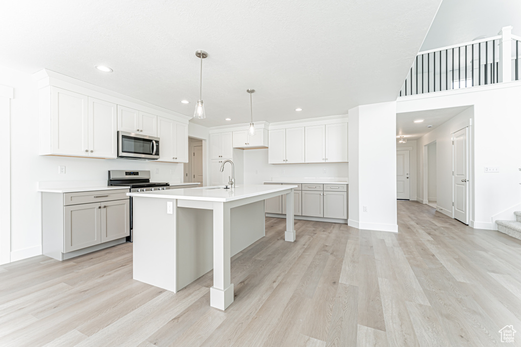 Kitchen with stainless steel appliances, light wood-style flooring, recessed lighting, light countertops, and a center island with sink