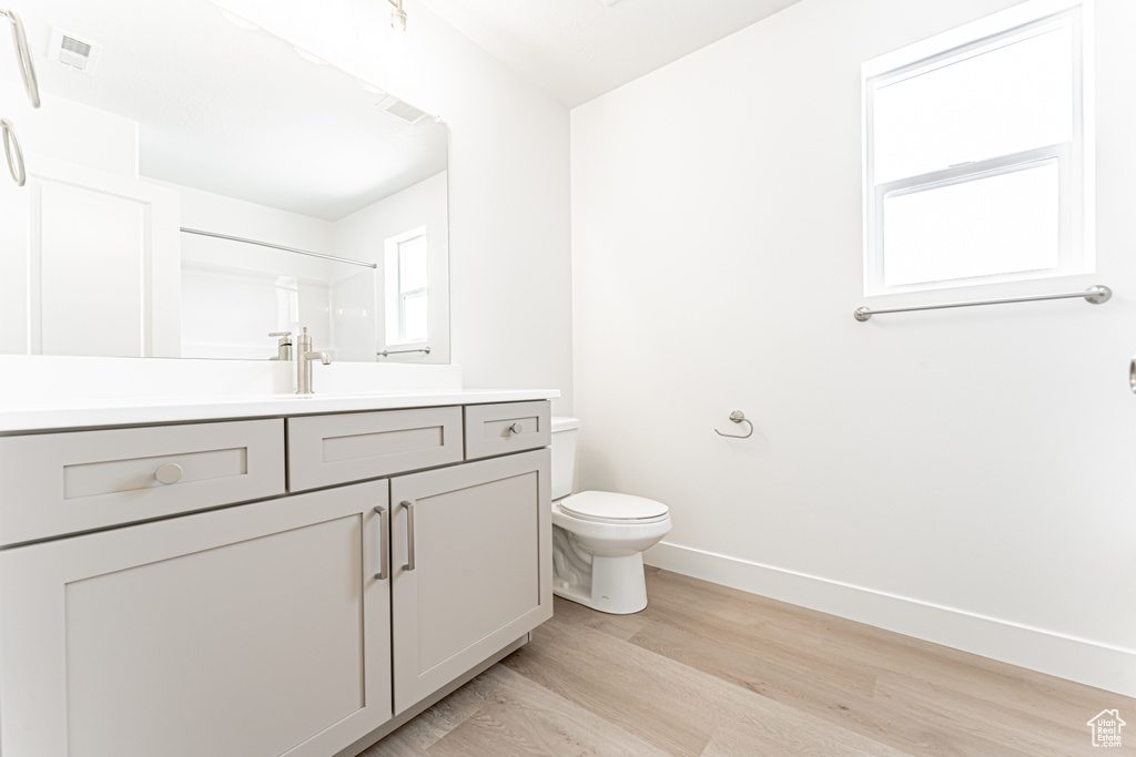 Bathroom with wood finished floors and vanity
