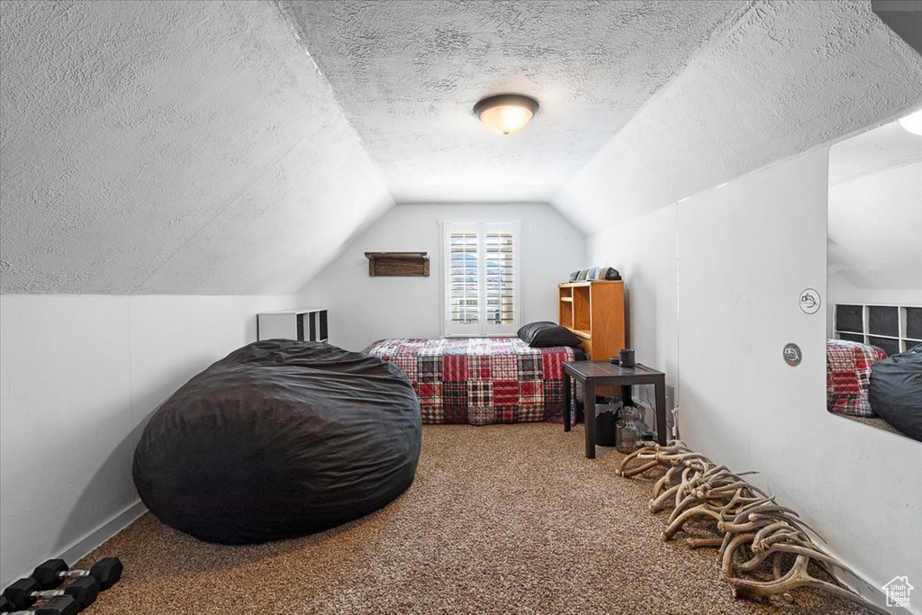 Carpeted bedroom featuring lofted ceiling and a textured ceiling