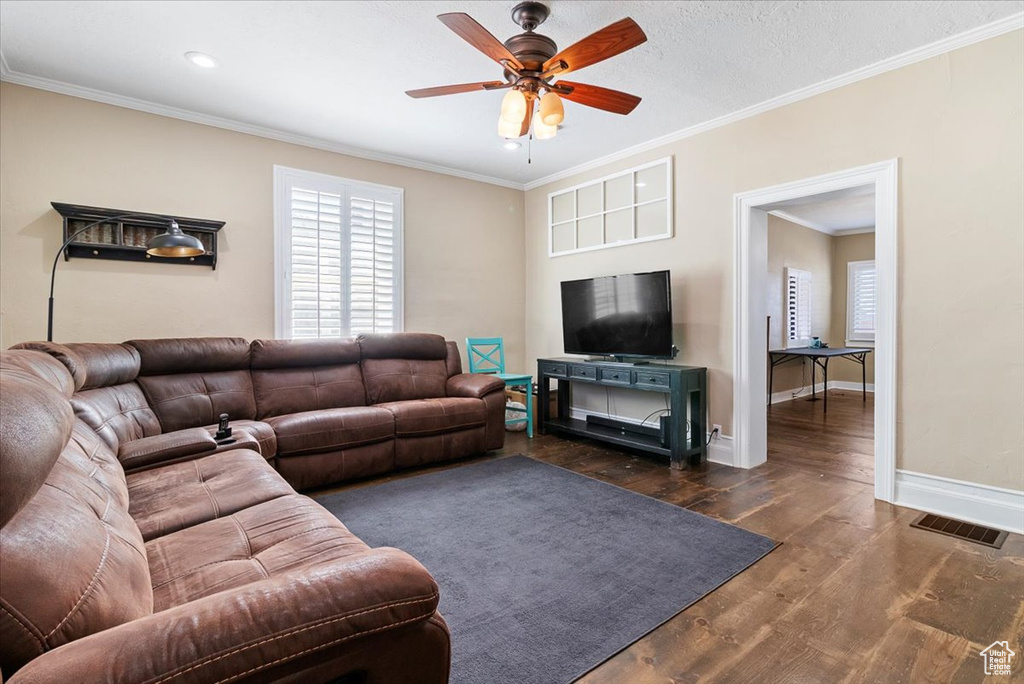Living area with visible vents, crown molding, baseboards, ceiling fan, and dark wood-type flooring