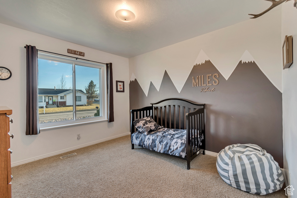 Carpeted bedroom with baseboards and visible vents