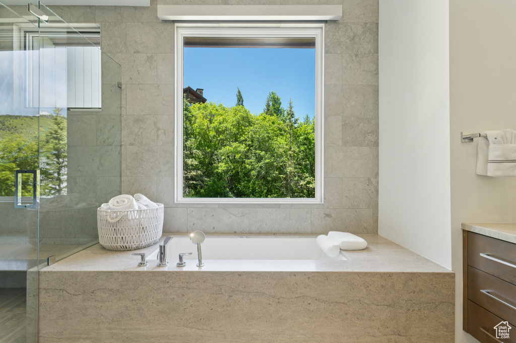 Full bath with vanity, a bath, plenty of natural light, and a shower
