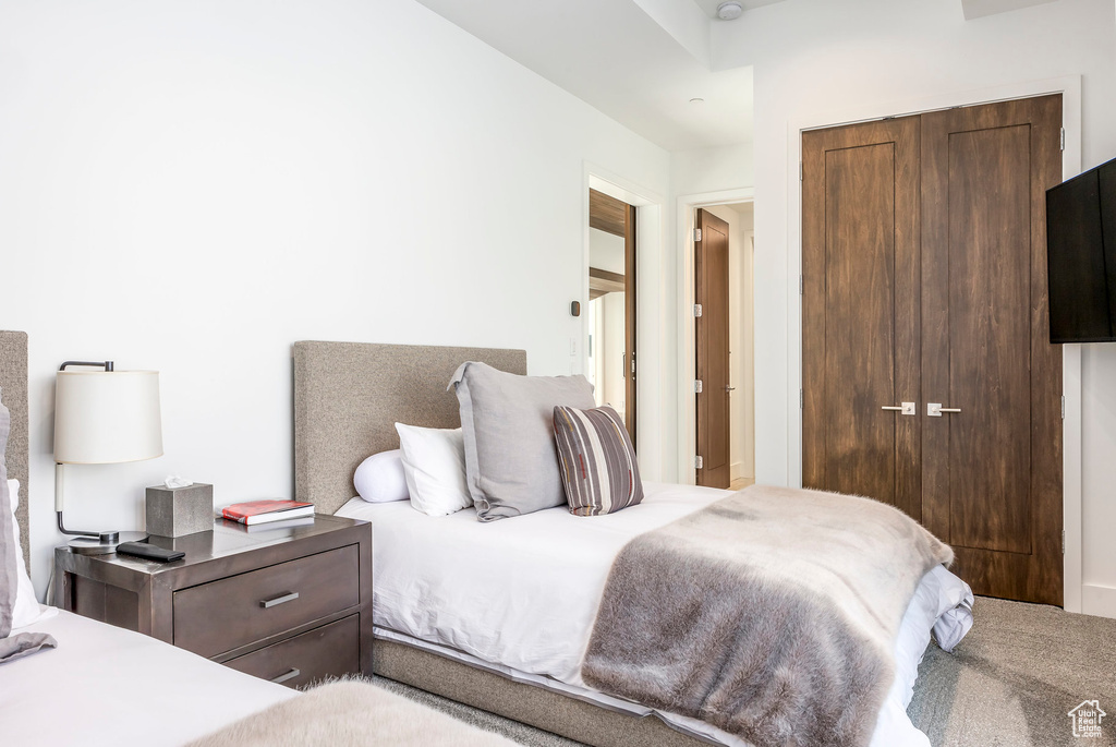 Carpeted bedroom featuring a closet