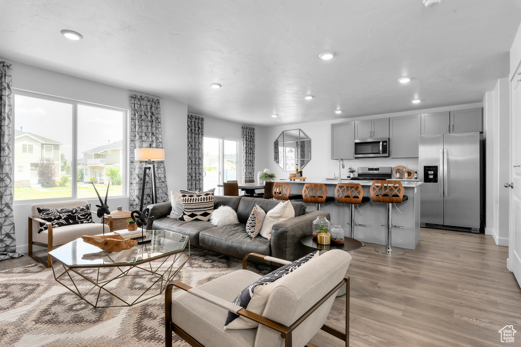 Living room featuring light wood finished floors and recessed lighting