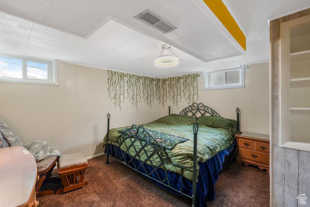 Carpeted bedroom featuring multiple windows and visible vents