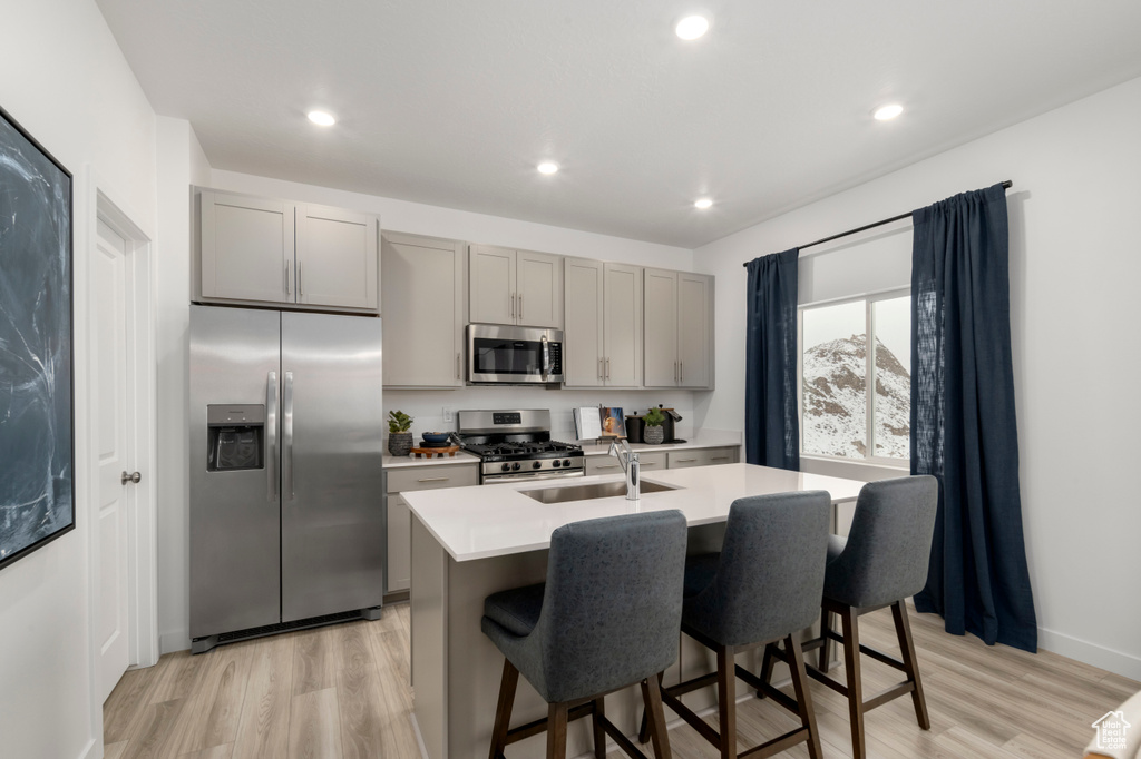 Kitchen with gray cabinetry, a sink, a center island with sink, and appliances with stainless steel finishes