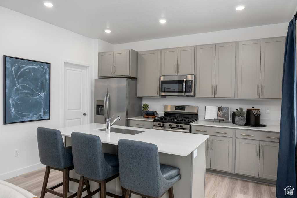 Kitchen featuring gray cabinetry, light wood-style flooring, appliances with stainless steel finishes, and a sink