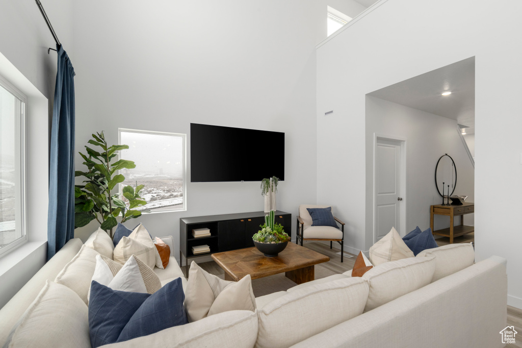 Living room with baseboards, a high ceiling, and wood finished floors