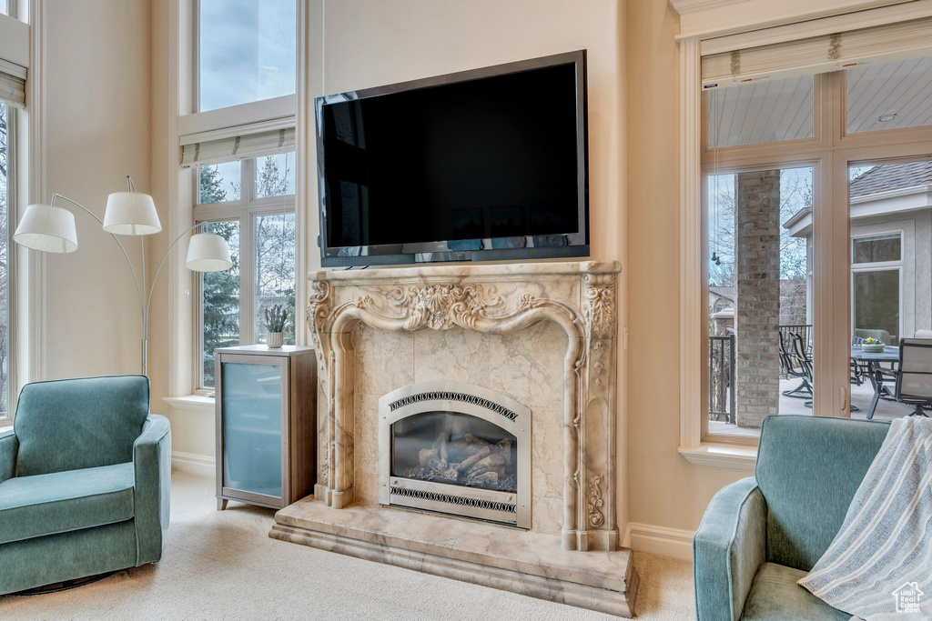 Carpeted living room featuring heating unit, baseboards, and a fireplace