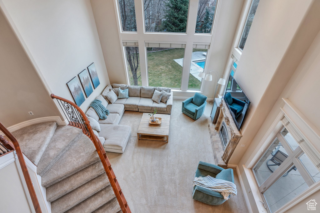 Living area featuring baseboards, a high ceiling, and carpet