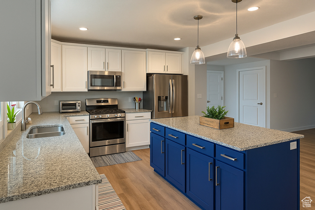 Kitchen with stainless steel appliances, a sink, blue cabinets, white cabinetry, and recessed lighting