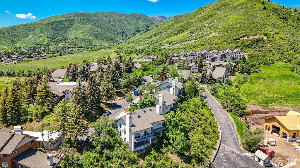 Aerial view of residential area with a mountain backdrop