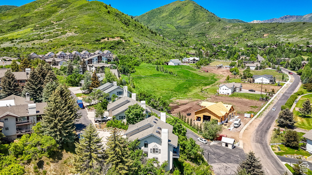 Aerial view of residential area with a mountain backdrop
