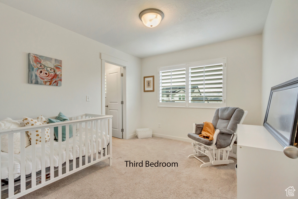 Carpeted bedroom featuring baseboards and a crib
