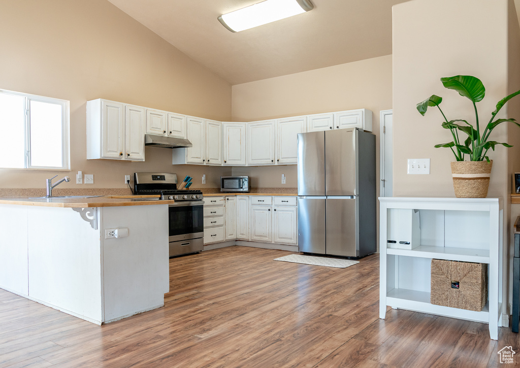 Kitchen with a sink, white cabinetry, a peninsula, under cabinet range hood, and stainless steel appliances