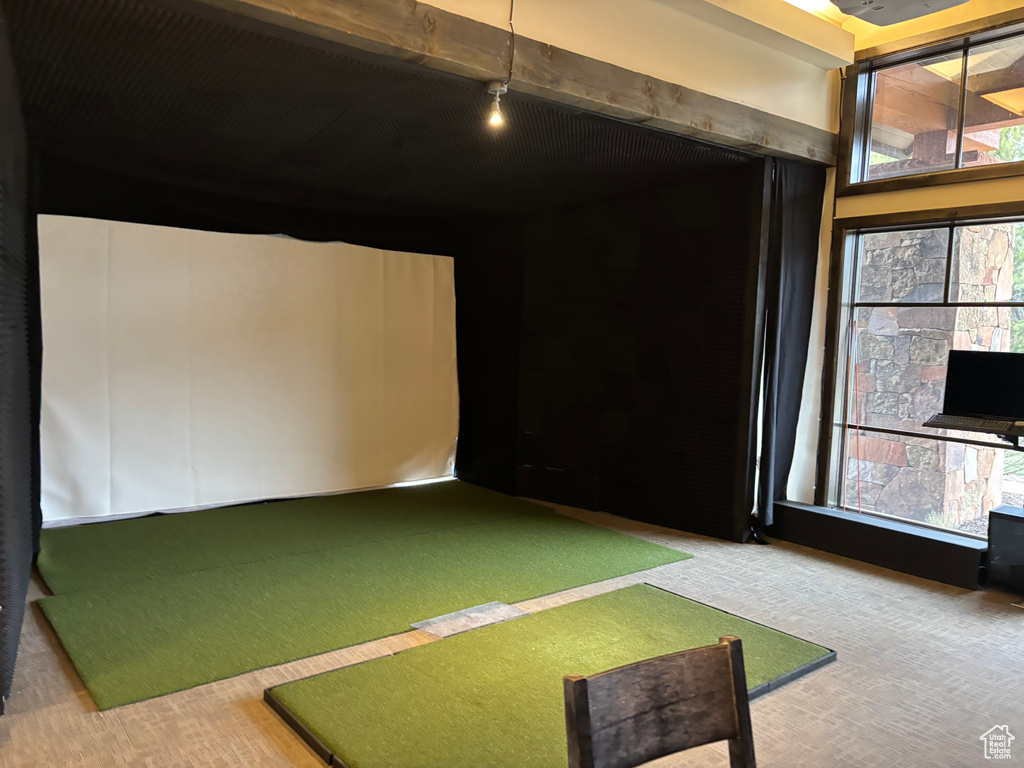 Playroom featuring golf simulator and carpet flooring