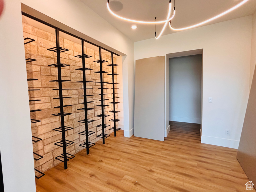 Wine cellar featuring wood finished floors and baseboards