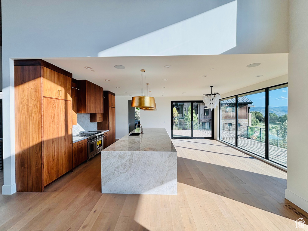 Kitchen with range with two ovens, modern cabinets, light wood-style floors, healthy amount of natural light, and recessed lighting