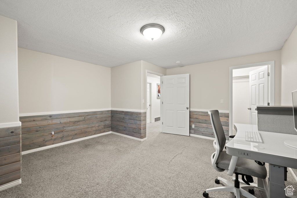 Office featuring carpet flooring, wooden walls, wainscoting, and a textured ceiling