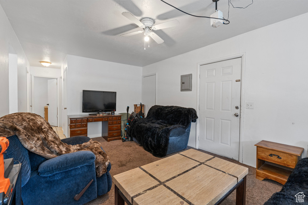 Living room featuring a ceiling fan, carpet, and electric panel