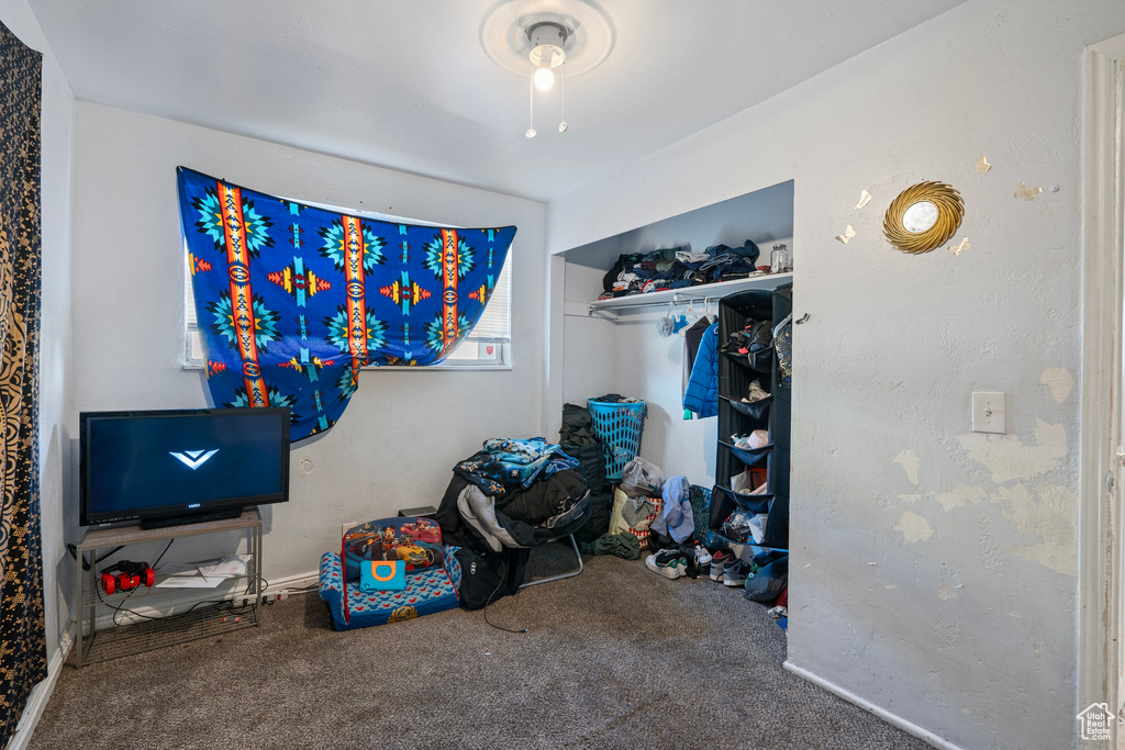 Bedroom featuring carpet floors and a closet