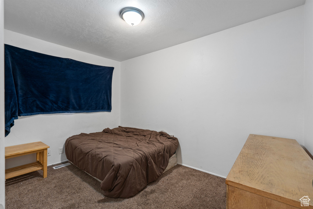 Bedroom with carpet floors and a textured ceiling