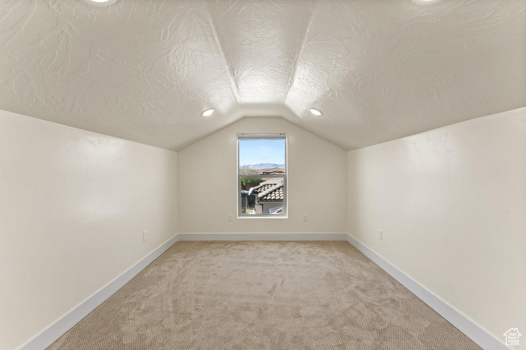 Additional living space featuring baseboards, lofted ceiling, a textured ceiling, and light colored carpet