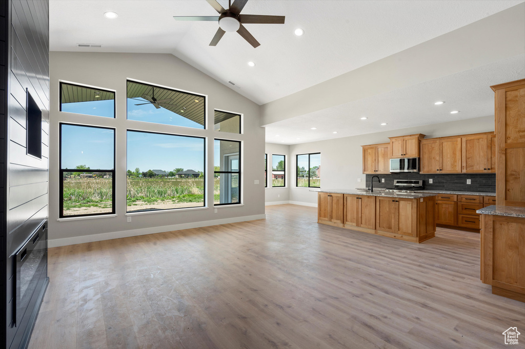 Kitchen featuring appliances with stainless steel finishes, open floor plan, a ceiling fan, recessed lighting, and light wood-style flooring