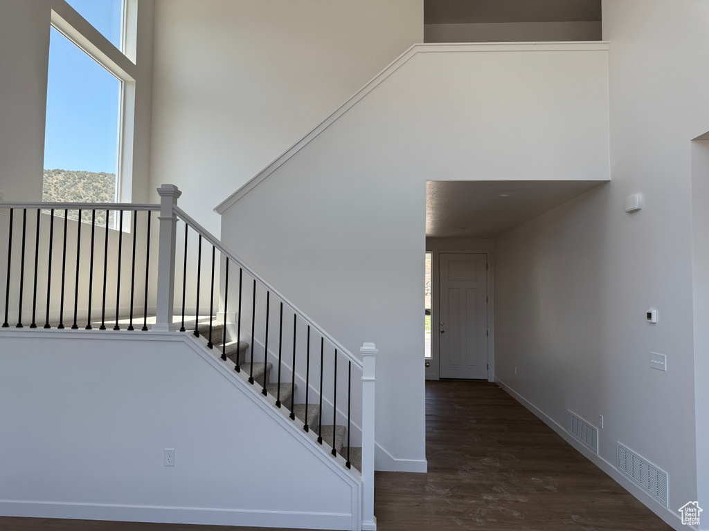 Stairway featuring plenty of natural light, wood finished floors, a towering ceiling, and baseboards