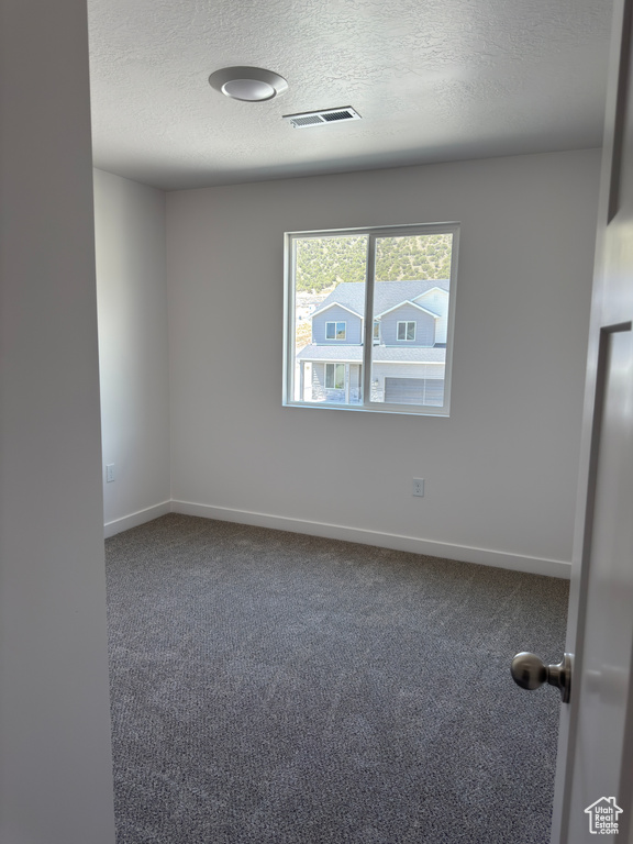 Spare room featuring carpet flooring, a textured ceiling, and baseboards