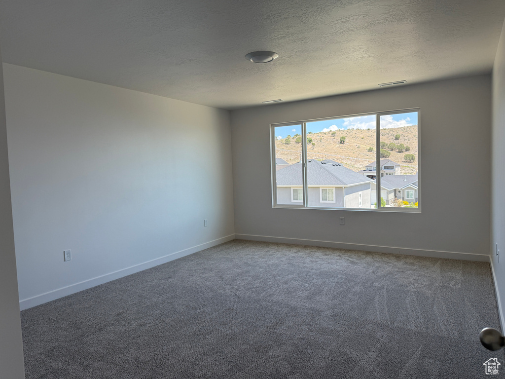 Spare room featuring carpet flooring, a textured ceiling, and baseboards