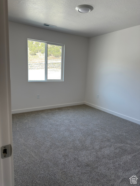 Unfurnished room with carpet, a textured ceiling, and baseboards