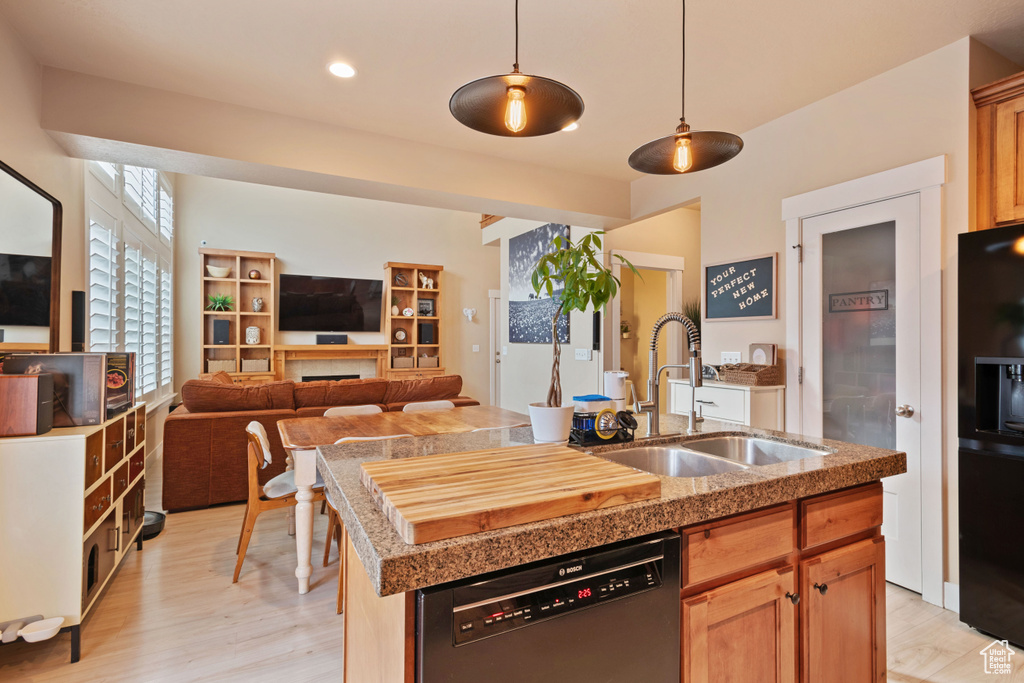 Kitchen featuring open floor plan, a sink, light wood finished floors, and stainless steel dishwasher