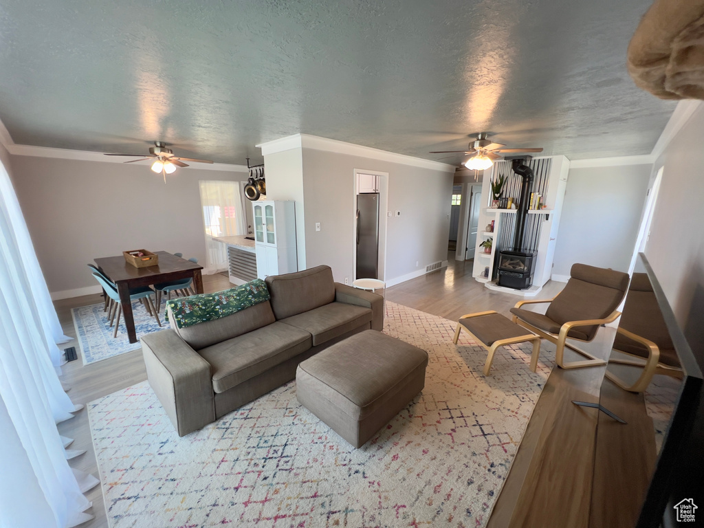 Living area with ceiling fan, baseboards, ornamental molding, wood finished floors, and a textured ceiling