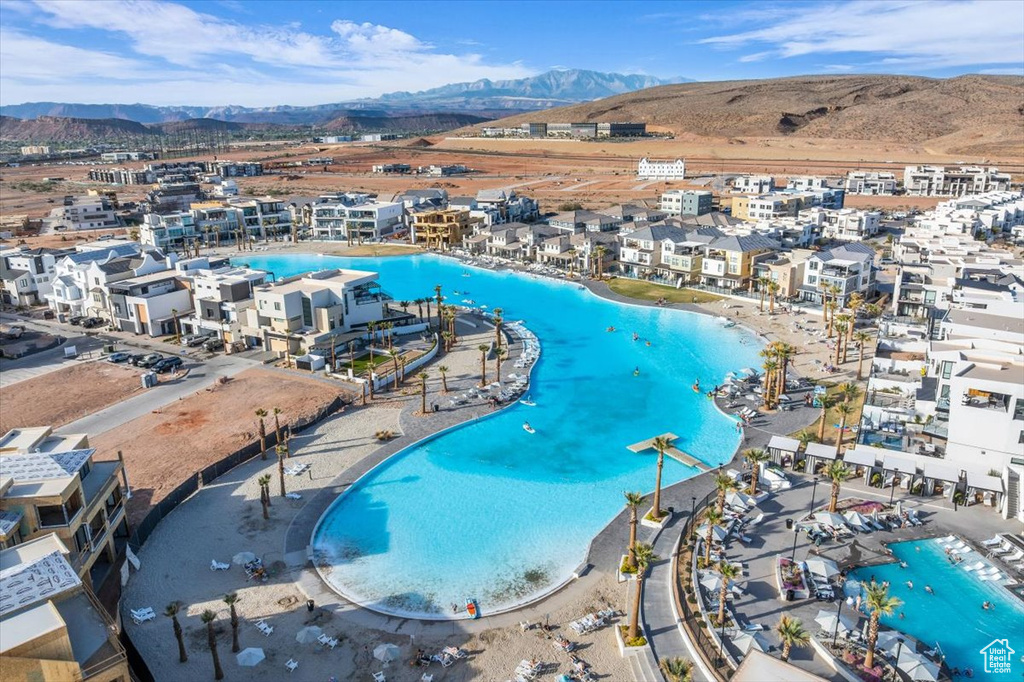 Aerial view of mountains and a pool