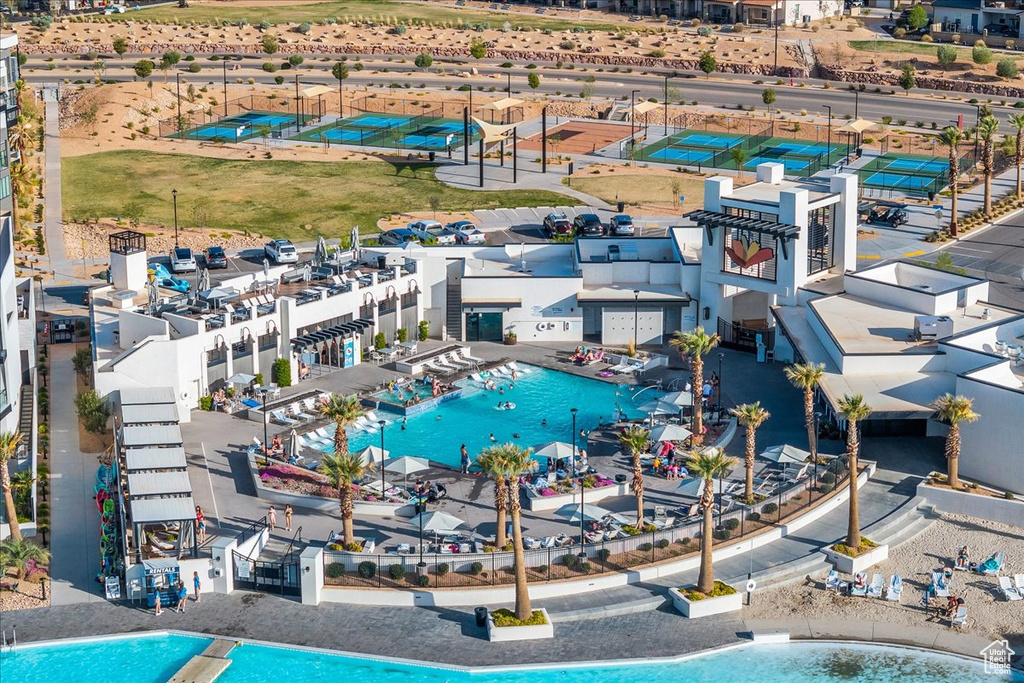 Bird\\\'s eye view of a pool