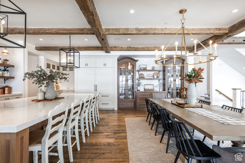 Dining room featuring a chandelier, beam ceiling, dark wood-style floors, recessed lighting, and coffered ceiling