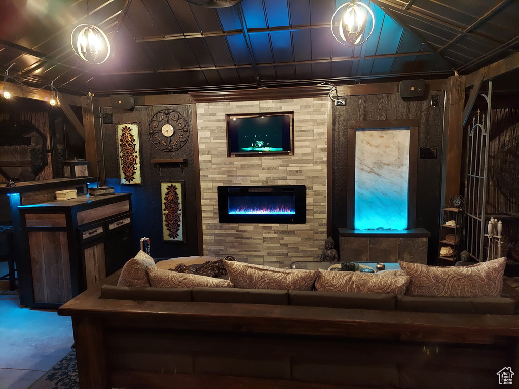 Living room featuring lofted ceiling
