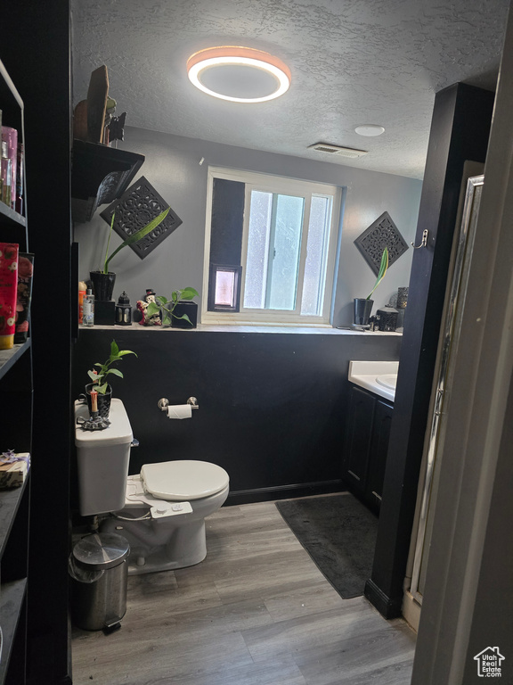 Bathroom featuring vanity, toilet, wood finished floors, and a textured ceiling