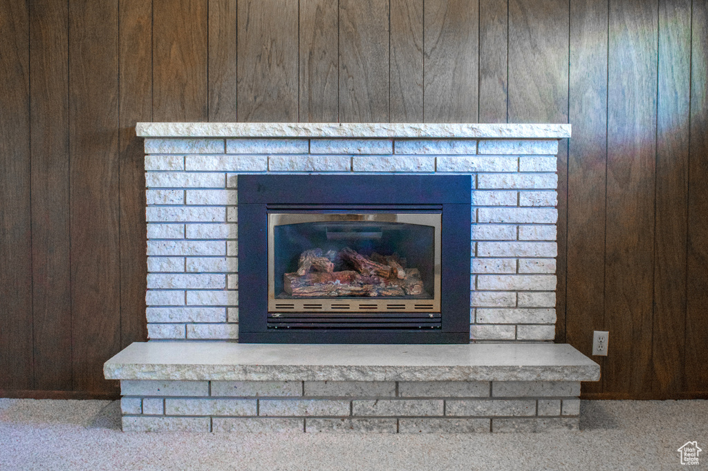Details featuring a fireplace and wood walls