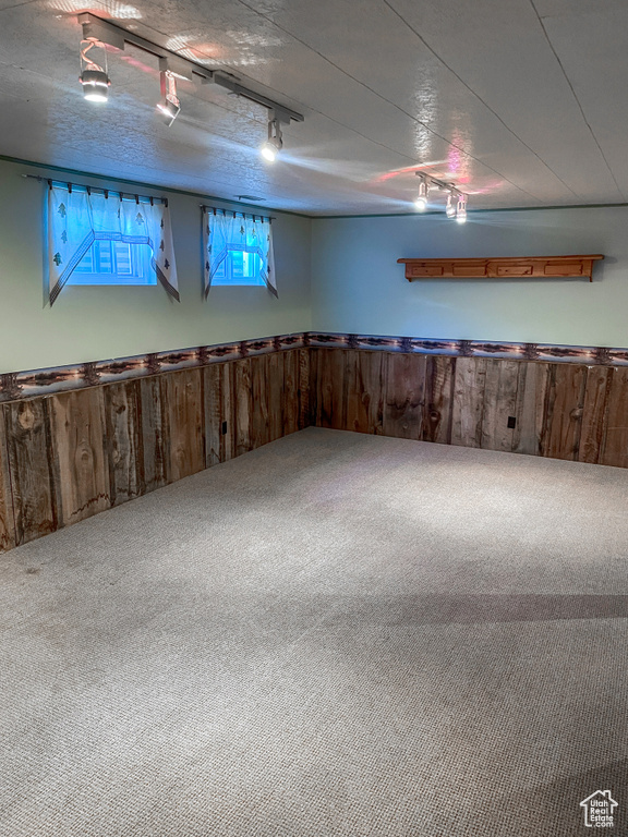 Below grade area with rail lighting, carpet, and a textured ceiling