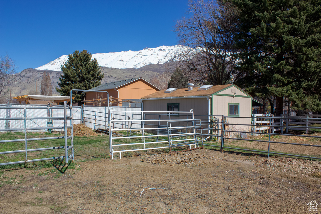 View of stable with a mountain view