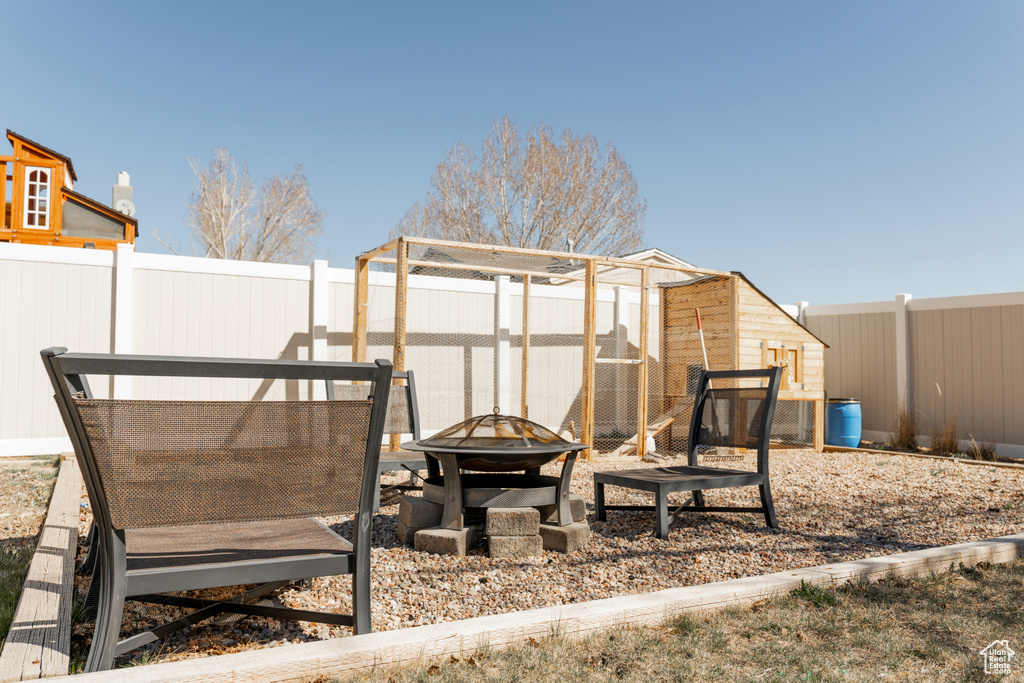 Exterior space featuring an outdoor fire pit, a fenced backyard, exterior structure, and an outbuilding