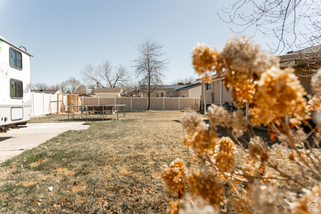 View of yard with a fenced backyard, a residential view, a patio, and a trampoline