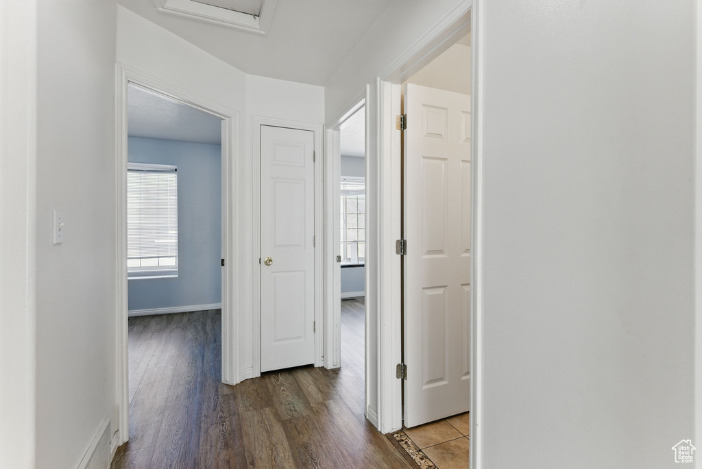 Hall featuring a wealth of natural light, baseboards, and dark wood-style floors