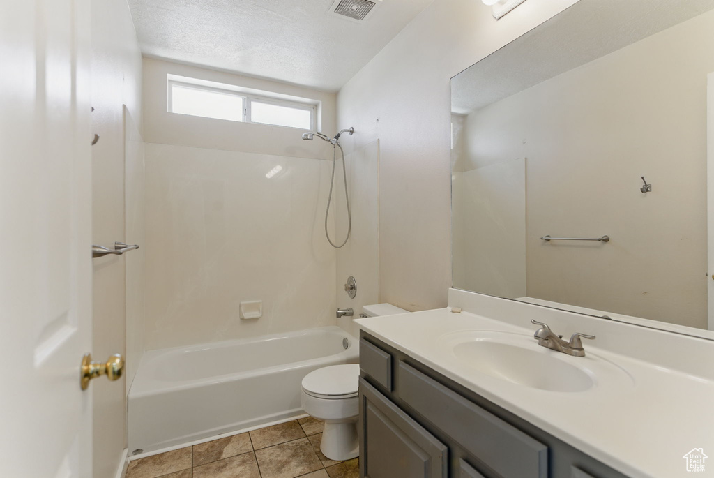 Bathroom with visible vents, toilet, vanity, shower / tub combination, and tile patterned flooring