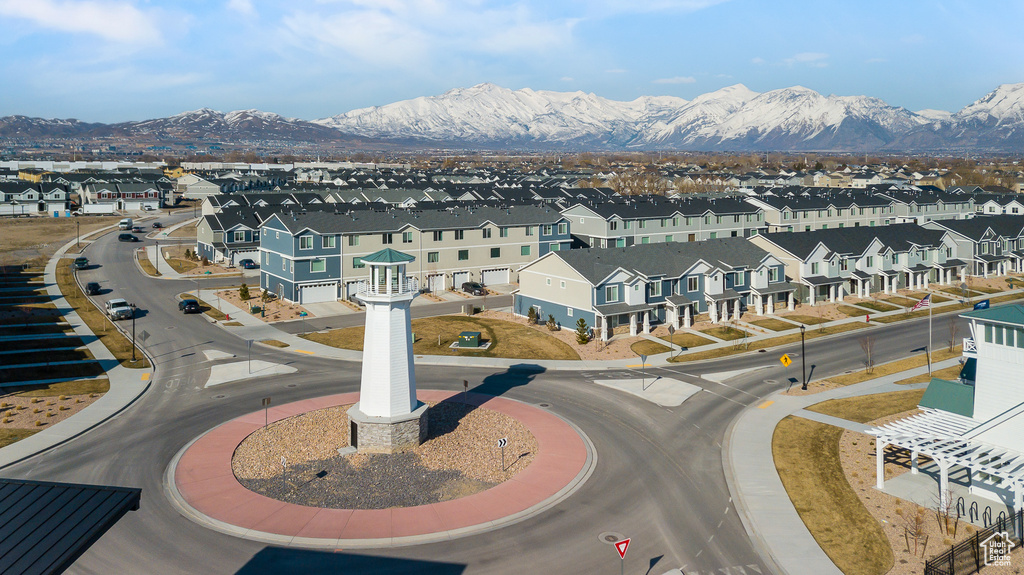 Drone / aerial view featuring a residential view and a mountain view