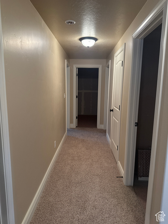 Corridor with baseboards, carpet floors, and a textured ceiling